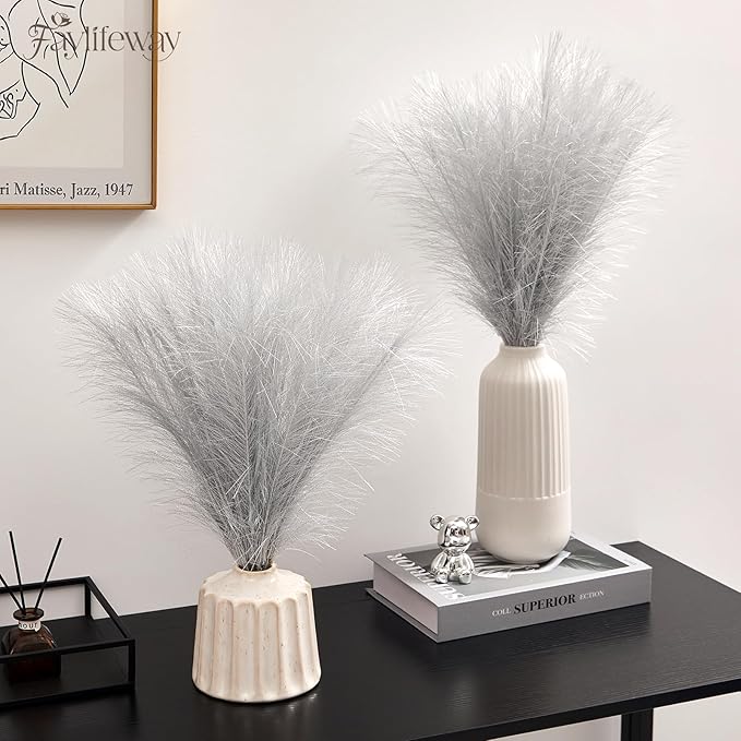 50PCS Pampas Grass Decor, 17" Silver Pampas Grass, Fluffy Small Pampas Grass for Vase Filler Home Wedding Wall Table Party Decoration