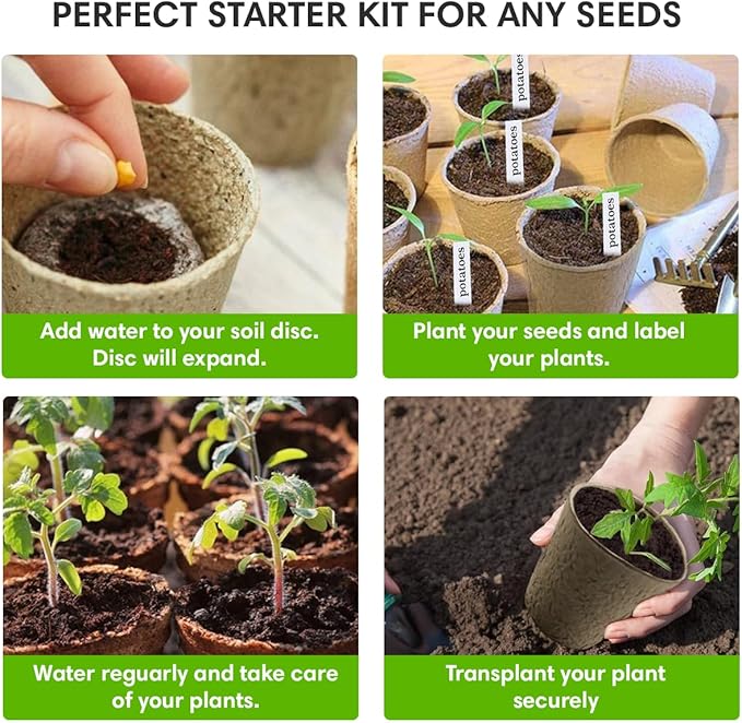 Seedling Starter Kit Germination Grow Cups and Soil (10 Pack) Biodegradable Peat Pots, Coco Coir Soil Discs, Plant Markers - Organic Grow Kit for Seed Germination, Indoor/Outdoor (3)