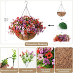Artificial Faux Hanging Plants Flowers Basket for Outdoor Spring Summer Decoration,Fake Silk Daisy in Planter Realistic UV Resistant for Outside Home Porch Patio Balcony Yard(Purple Red Pink)