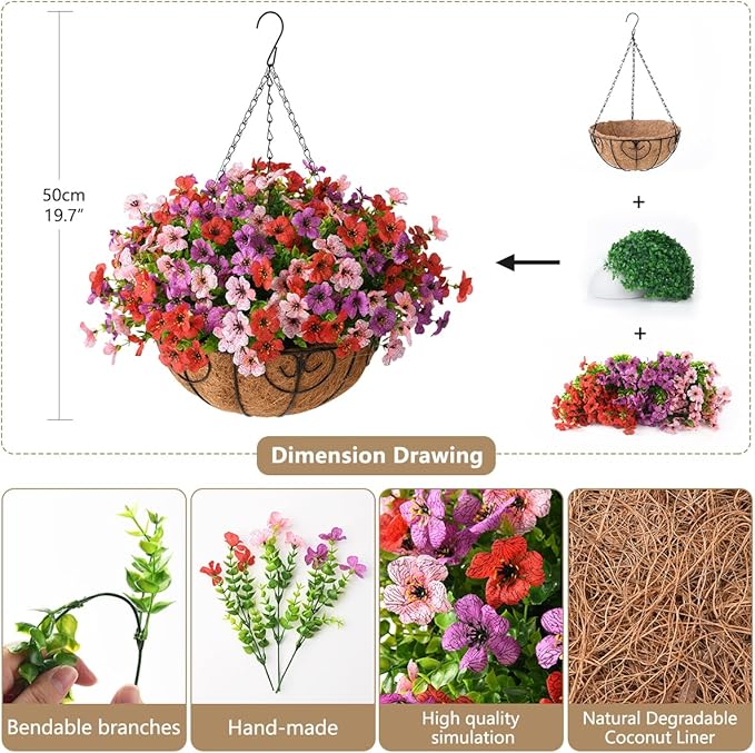 Artificial Faux Hanging Plants Flowers Basket for Outdoor Spring Summer Decoration,Fake Silk Daisy in Planter Realistic UV Resistant for Outside Home Porch Patio Balcony Yard(Purple Red Pink)