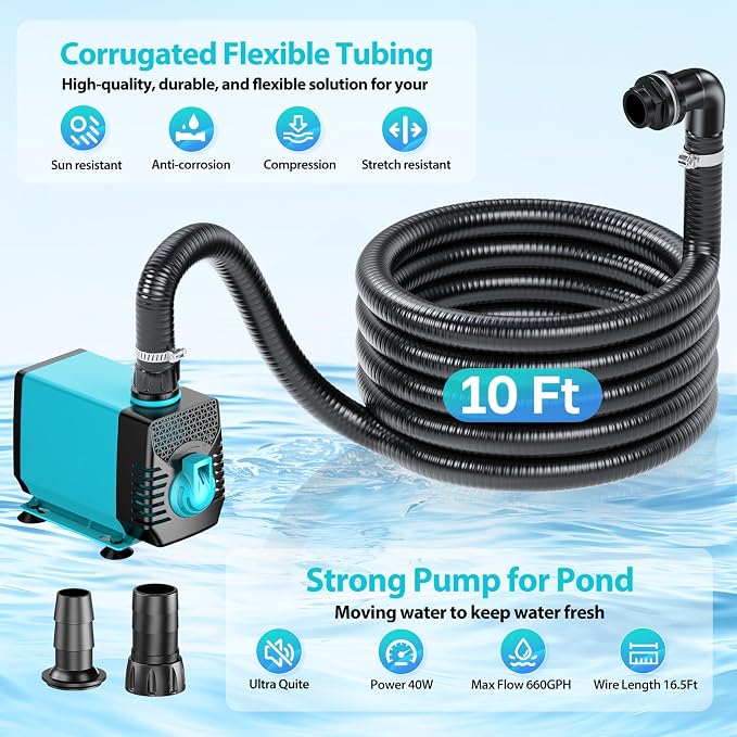 POPOSOAP Pond Waterfall Spillway with Pump Kit, 13.4" H x 12" W Stainless Steel Pond Waterfall Box with Pond Pump, Filtration, 10FT Corrugated Tubing for Outdoor Garden Pond Spillway