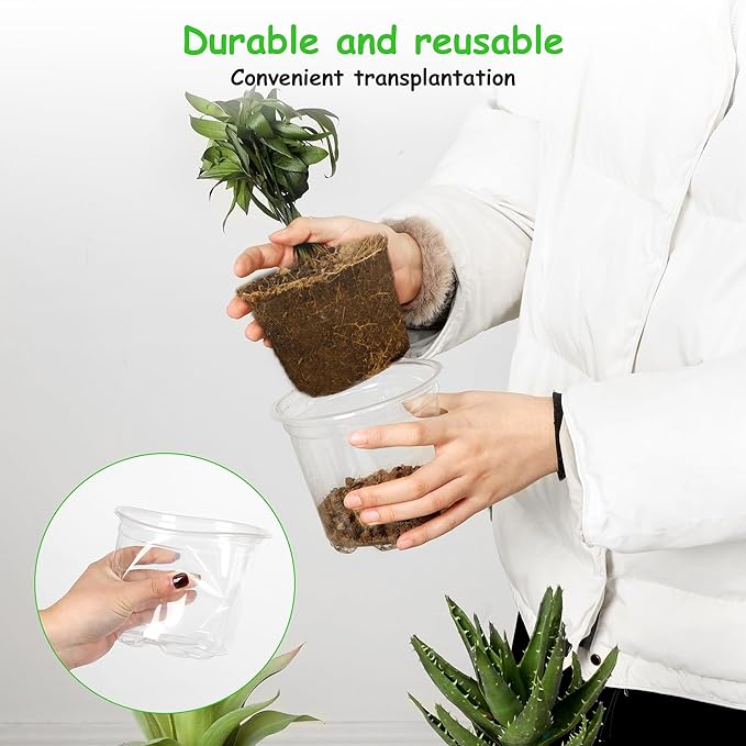 60 Pack 4/5/6 Inch Clear Nursery Pots with Drainage Holes, Transparent Plastic Plant Pots, Reinforced Seed Starter Flower Pots, Comes with 50pcs Plant Labels