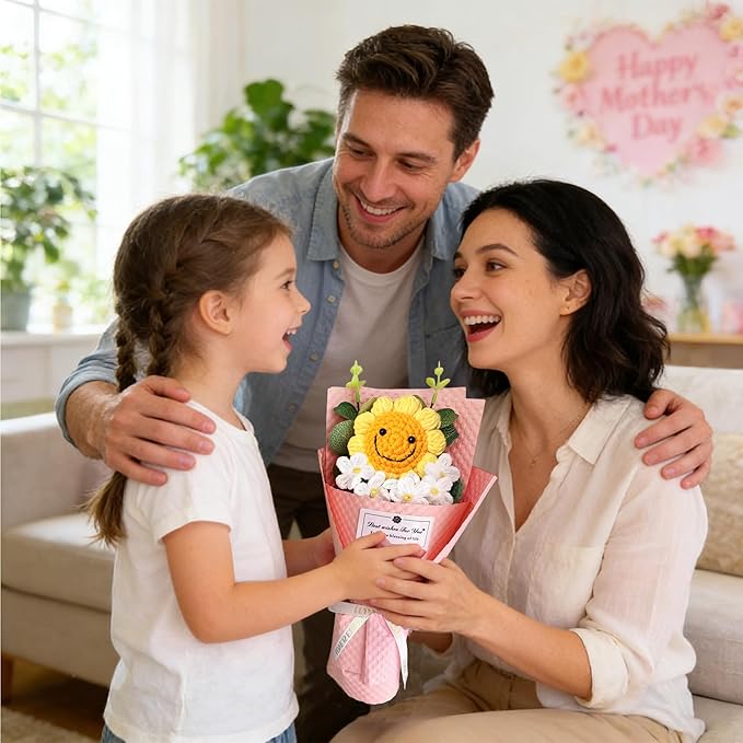 PXFCXVMQ Crochet Sunflower Bouquet,Pink Handmade Knitted Artificial Flower Gift with Card and Box,Smiley Sunflower Bouquet for Graduation, Birthday, Mother's Day,Teacher Appreciation Gift(S-Pink)