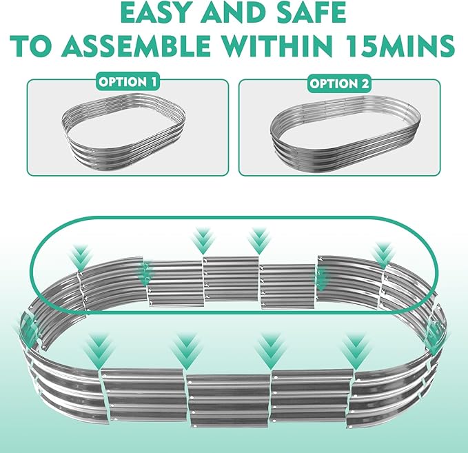 YSEJOMP 6X3X1 FT Oval Galvanized Metal Garden Raised Bed/Plant Box for Planting,36 Inches Diameter Iron Fire Pit Ring,Small Animal Fence-3 in 1 Modular Design in Black (Silver, 72X36X11.5 Inches)