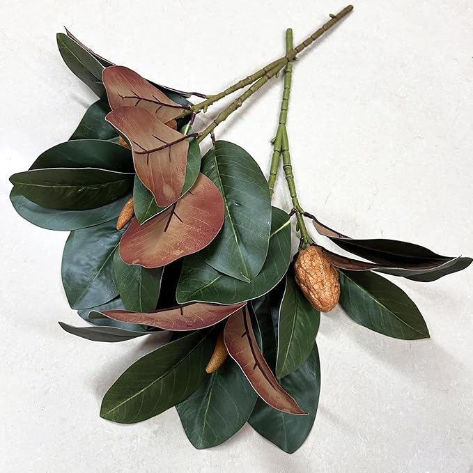Artificial Magnolia Plants 18 Inch, Fake Magnolia Leaves Stems Faux Greenery Big Leaf Branches Shrubs Houseplant Decor for Indoor Outdoor Home Garden Wedding Table Centerpiece Vase Decoration 2 Pack
