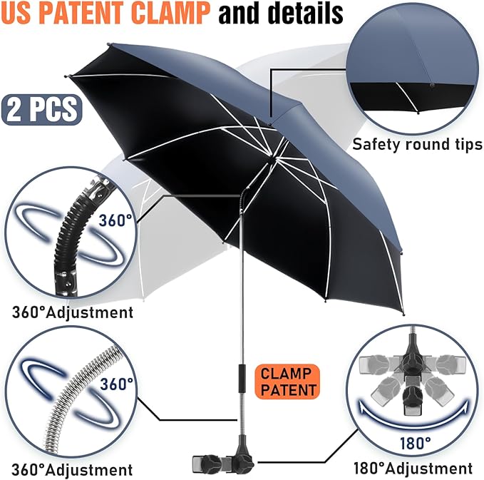 2 PACK Beach Umbrella with Clamp, 360 ° Adjustable Umbrellas for Chair, UPF50+ Umbrella for Beach Chair, Patio Chair, Wheelchair, Camping Chair, Golf Carts (Chair Not Included)