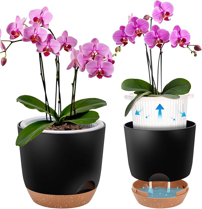 7.2 Inch Self Watering Orchid Pots for Indoor Plants,Macetas para Orqudeas,Flower Pots for Indoor Plants with Holes（Black）