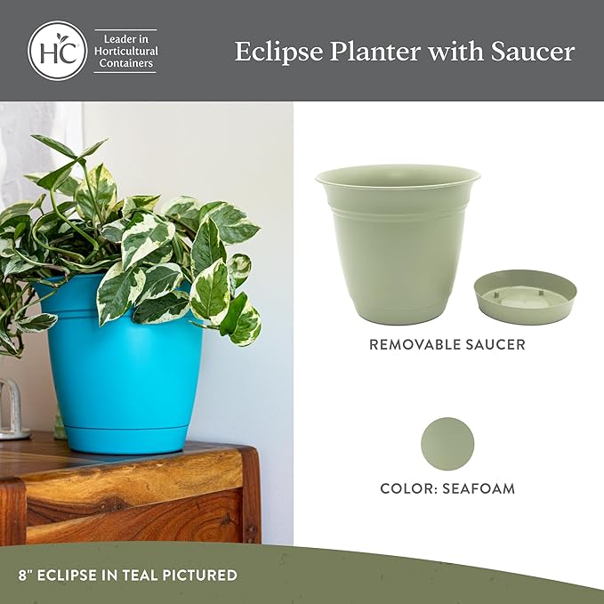 The HC Companies 8 Inch Eclipse Round Planter Pots with Drainage Holes & Attached Saucer, Lightweight UV-Resistant Plastic Indoor Outdoor Planters, 4-Pack Flower Pots for Garden & Home Decor, Seafoam
