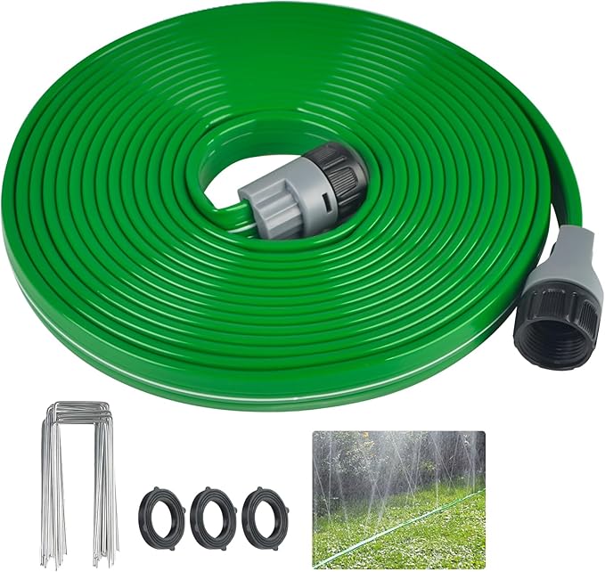 prinkler Soaker Hose for Yard 50 FT with Holes, Flat Garden Soaker Hose with Staples, Heavy Duty No-Kink Drip Hose Sprinkler Watering Drip Irrigation Hoses for Lawn Vegetable Garden Watering System