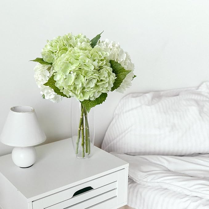 ZYTUYO 4 Pcs Real Touch White Light Green Hydrangeas Artificial Flower 21'' Realistic Faux Latex Hydrangeas Flower for Home Decor Kitchen Living Room Spring Table Wedding Xmas Arrangement