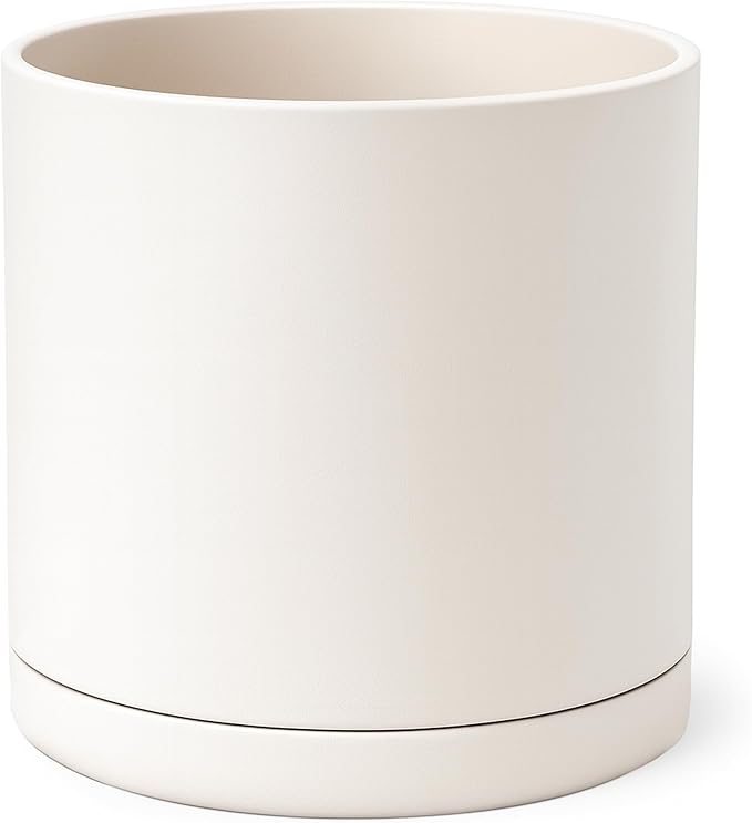 D'vine Dev 16 Inch Plastic Planter Pots for Plant Pot with Drainage Hole and Seamless Saucers, Oatmeal, 74-X-H-5