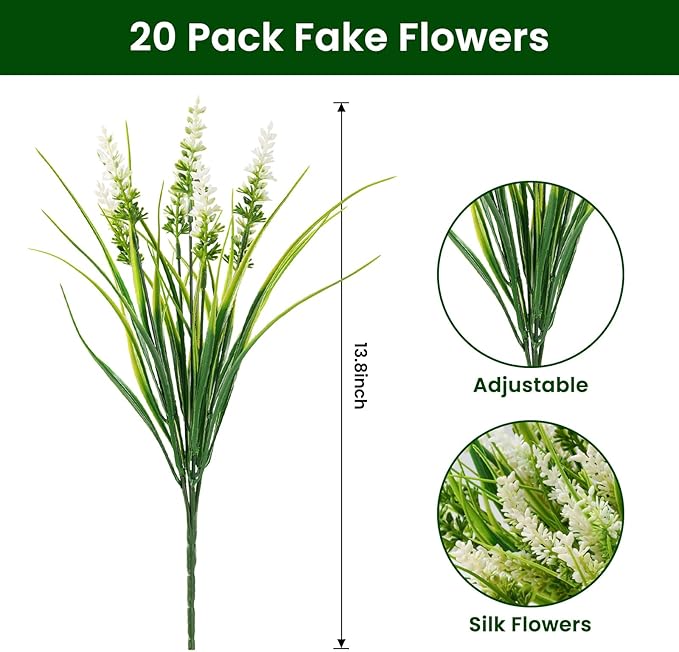 20 Bundles Artificial Plants Outdoor, UV Resistant Fake Flowers， Realistic Faux Lavender Shrubs for Porch Garden Window Box Home Decoration (White)