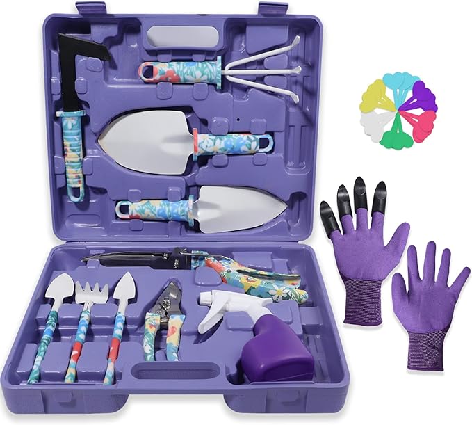 Tbltaca Garden Tool Set, Stainless Steel Heavy Duty Gardening Tools 30 PCS w/Floral Print, Trowel Rake Weeder Pruner Shears Sprayer Digging Claw Gloves, Ideal Gardening Set for Women