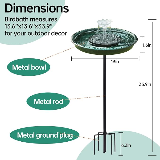Yiabivo Solar Powered Bird Bath with Fountains for Hummingbirds,Stable Stylish Design with 5-Prong Base Stake Plastic Bird Bath for Outside Lawn Patio Yard Garden