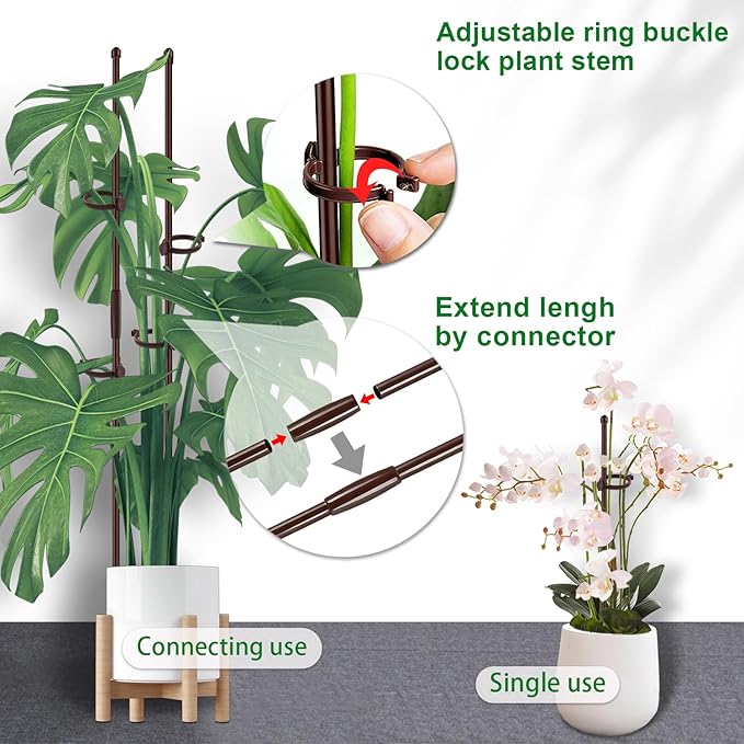 20Pcs Plant Support Stakes 17 inch SupKing Garden Orchid Sticks Extended to 3ft 4ft 5ft Plant Poles with Clips for Indoor Outdoor Potted Tomato Rose Amaryllis Vegetables Comes with 20 Ties(Brown)
