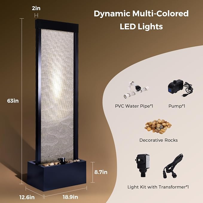 Jocoevol Mesh Panel Waterfall Fountain, Large Indoor Water Feature with Stones & Light, 63.4" Floor Standing Water Wall for Home Decor, Living Room, Patio, Outdoor Garden