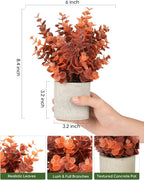 Velener 2 PCS Small Fake Eucalyptus Plant Artificial Potted Plants Indoor for Desk, Shelf, Home Decor Realistic Faux Plant for Office, Bathroom, Living Room Decoration (Fall Orange)