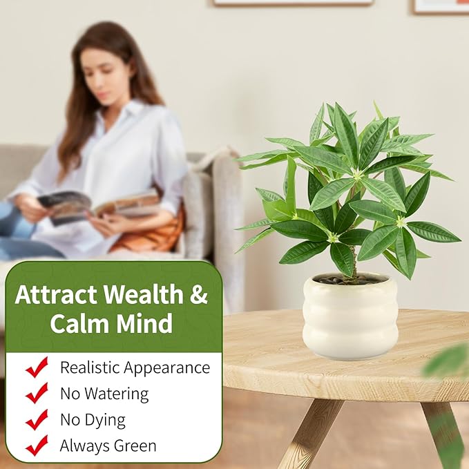 Small Money Tree Bonsai 11.4 inch Artificial Desk Plant in White Ceramic Pot, Realistic Indoor Faux Potted Pachira Money Plant for Home Office Living Room Decor(Maintenance Free)