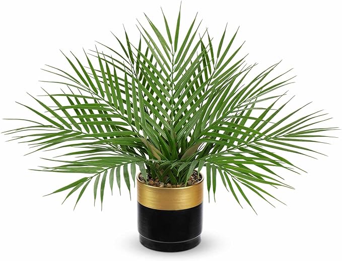 Briful Fake Plant 15.7’’ Artificial Palm Plant in Gold Black Pot Real Touch Faux Tropical Palm Tree Houseplant for Home Indoor Living Room Tabletop Balcony Decorations