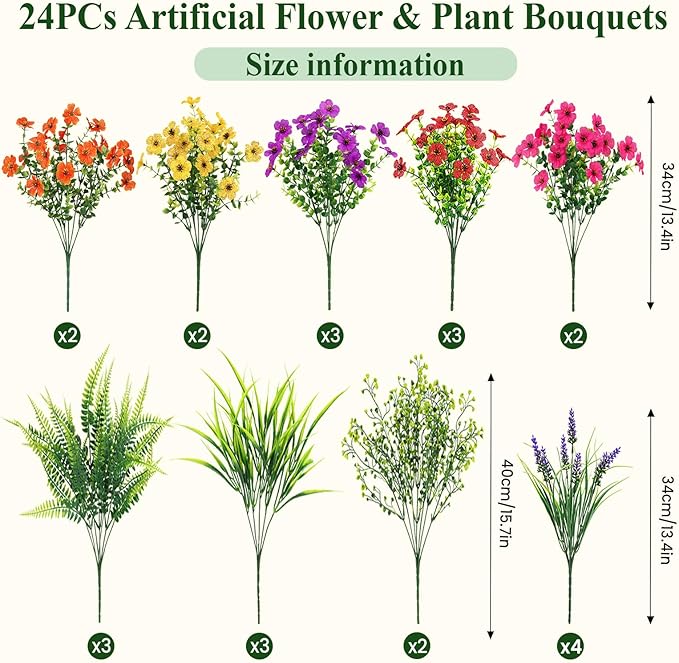 Alupssuc 24 Bundles Artificial Flowers for Outdoors Spring Decoration, UV Resistant Faux Eucalyptus Violet and Lavender Silk Fake Plants for Outside Indoor Decor, Red Rose Purple Yellow Orange
