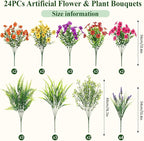 Alupssuc 24 Bundles Artificial Flowers for Outdoors Spring Decoration, UV Resistant Faux Eucalyptus Violet and Lavender Silk Fake Plants for Outside Indoor Decor, Red Rose Purple Yellow Orange