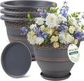 Usocik 4 Pack 16 Inch Large Plant Pots, Plastic Flower Pot for Indoor & Outdoor with Drainage Holes & Saucer, Plaid Pattern Planters Garden Pots for Herbs