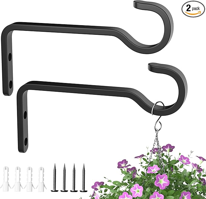 5.7 Inch 2 Pack Plant Hooks for Wall, Heavy Duty Plant Hangers Outdoor, Hold 35lb Iron Plant Hanger Bracket for Hanging Bird Feeder, Wind Chimes, Baskets, Lantern, Hanging Planter Hooks, Metal - Black