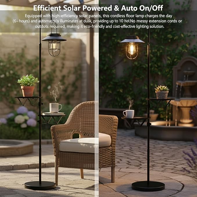 Kirschblüte Solar Floor Lamp with Table, 60" Outdoor Shepherd Hook with Solar Lantern, Waterproof Metal Side Table for Patio, Heavy Duty Solar Pole Light for Garden, Deck, Porch and Backyard Decor