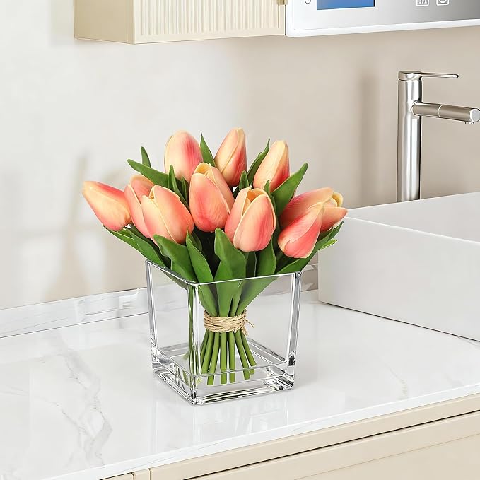 GarveeLife 12 Pcs Artificial Tulips Flowers, Real Touch Faux Tulip Stems for Vase, Home Kitchen Wedding Dining Table Decorations, Ideal Gift for Mother's Day, Easter, Valentine's Day (Orange)
