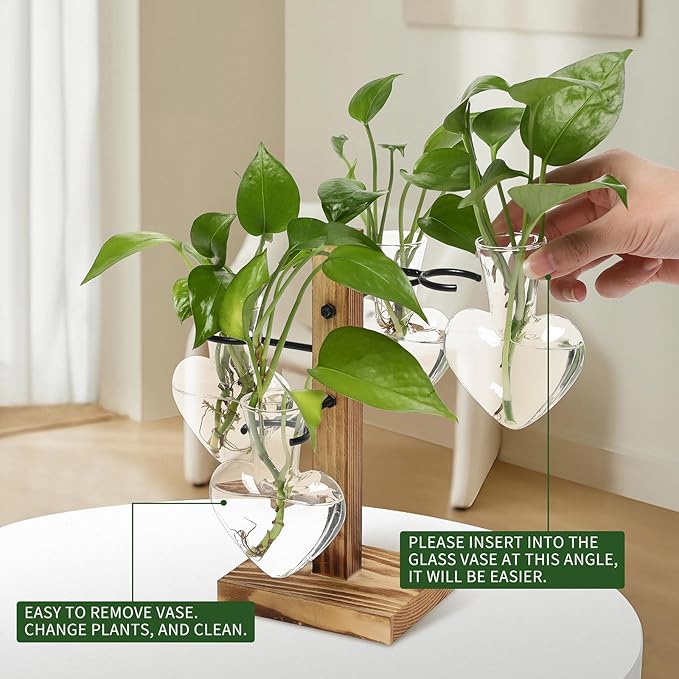 Plant Terrarium Propagation Stations with Wooden Stand, Glass Vase for Indoor Hydroponics Home Garden Office Decoration Gift for Women - 4 Love Bulb Vase