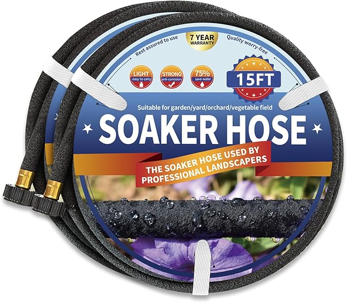 2 Pack Soaker Hose 15 FT for Garden Bed, 1/2’’ Diameter Heavy Duty Soaker Hoses 30 FT for Garden Beds To Save 70% Water, Short Drip Soaker Hose for Vegetable Beds (2 Pack 15 FT)
