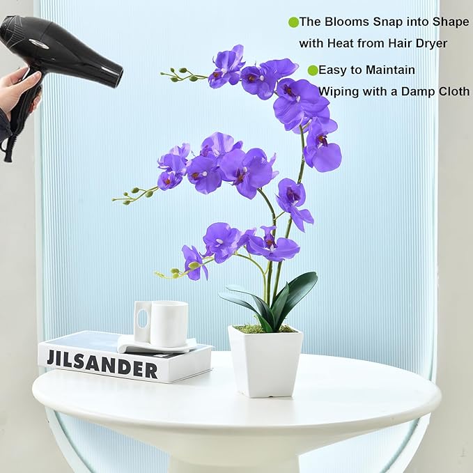 Faux Orchid in Vase Large Artificial Orchid in Ceramic Vase Silk Orchids with Stems Real Look Potted Phalaenopsis Flowers Arrangement Centerpiece Table Decorations for Home Decor Indoor, Purple