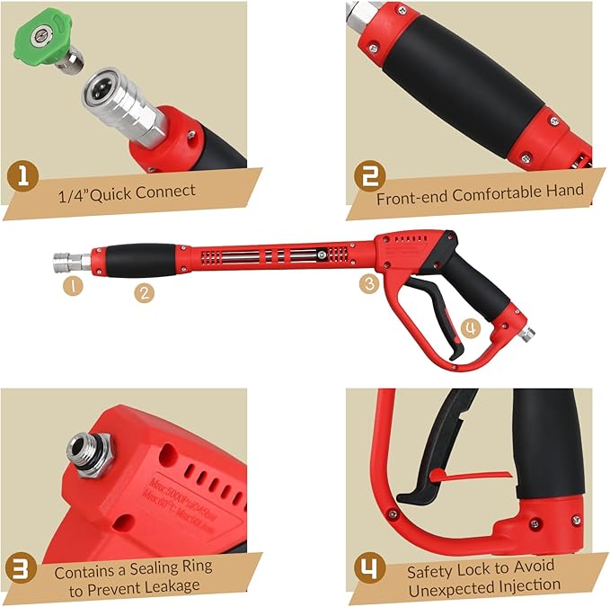 Pressure Washer Gun with Extension Replacement Wand, Power Washer Gun, M22 Fitting, 5 Nozzle Tips, 5000 PSI, 37 Inch