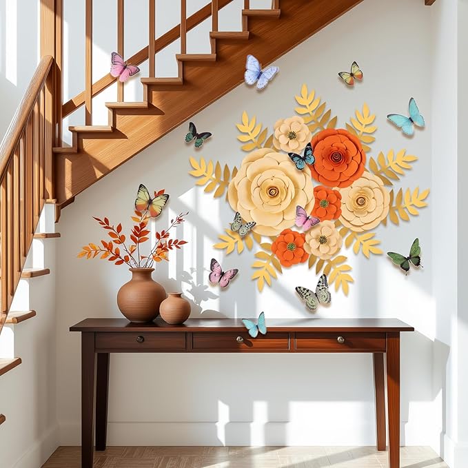 PAPER JAZZ Spring Artifical Paper Flowers Decorations for Wall, Orange Bulletin Board Decorations for Classroom, Flower Window Clings for Wedding Party,Tea,Baby Shower.