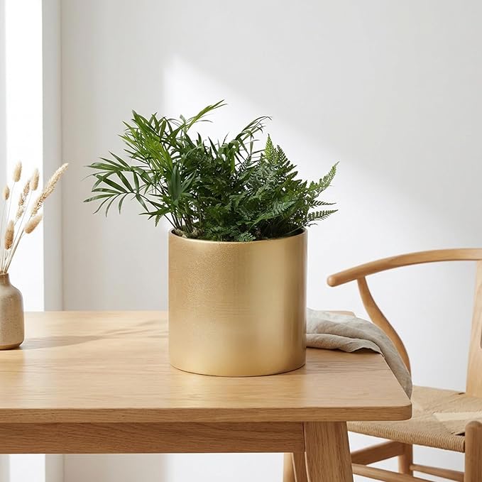 Metal Plant Pot with Drainage Hole,Mid Century Modern 7 inch Round Pot Indoor Outdoor Planters Gift for Decorative Pots of Tabletop Living Room Bedroom Gold