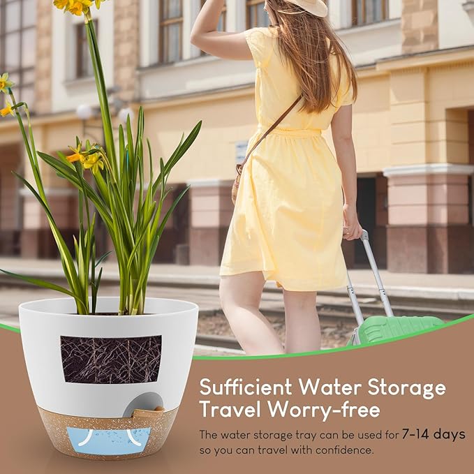 YNNICO Plant Pots 10/9/8/7.5/7 inch, Self Watering Planters with Drainage Holes & Saucers for Indoor and Outdoor Plants (White)