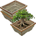 Ceramic Bonsai Pots with Drainage Hole, Set of 2 Rectangular Glazed Bonsai Planters for Indoor/Outdoor Use, Shallow Brown Bonzai Tree Pots for Succulent, Orchids, Cacti, Home, Patio, Garden, 6.3"x4.9"