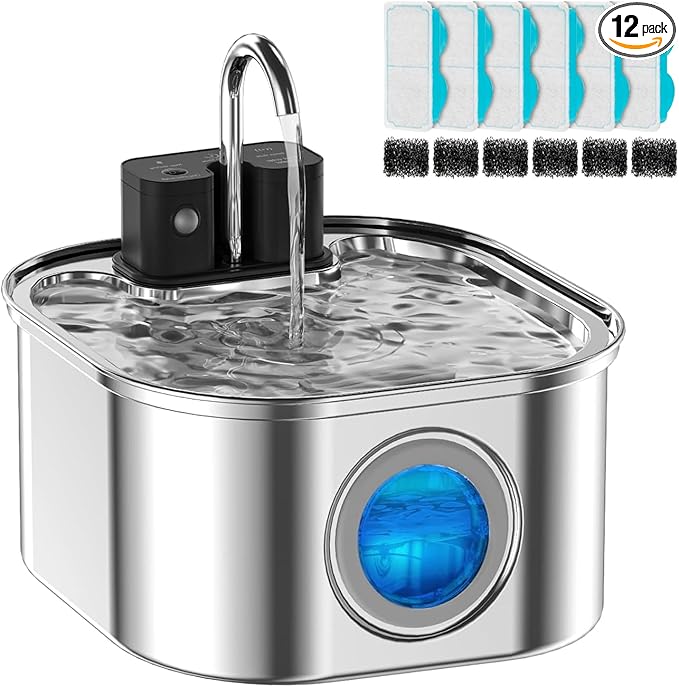 Wireless Cat Water Fountain with 6 Filters + 6 Sponges,[Rechargeable & Faucet ] Stainless Steel Battery Operated, 108oz/ 3.2l Automatic Cordless Pet Fountain -Dog Fountain with 4200 Mah Battery