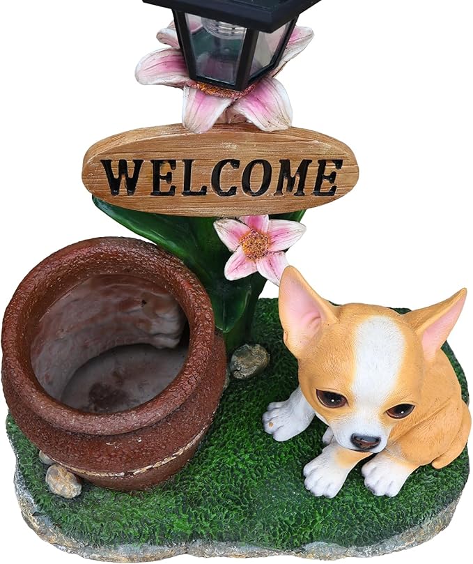 Animal Outdoor Statue Planter Solar Light Welcome Garden Sculpture Resin Flower Pot Decorative Porch Patio Yard Lawn Entryway Figurine with LED Lamp Rustic Plant Holder Ornament Courtyard (P)