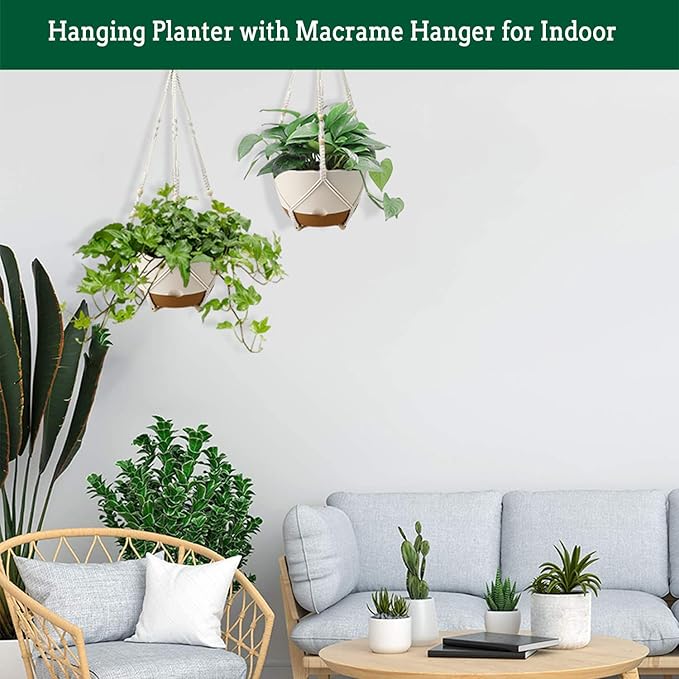 Koalaime Hanging Planters for Indoor Plants, 2 Pack 10 Inch Self Watering Pots with Macrame Plant Hanger, Hanging Baskets Holder for Outdoor Garden Home Ceiling Window Decor