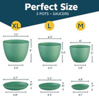 Mint Plant Pots with Drainage Holes & Saucers 3 Pack, Indoor & Outdoor Stackable Space-Saving Planters for Houseplants & Flowers, (7", 6.7", and 6" Inches), Durable & Weatherproof Materials