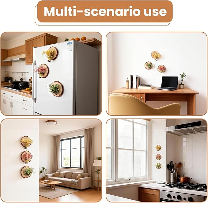 Magnetic Air Plant Holder, Natural Wood Slices Refrigerator Magnet Live Air Plant Holders, Modern Farmhouse Wall Decor for Living Room Bedroom Kitchen Office Home Garden (3 Pack)