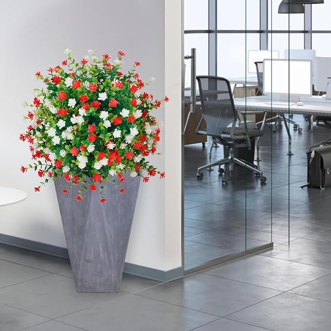 2 Pack 24" White Red Faux Topiary Ball Trees with Spikes, UV Resistant Artificial Boxwood Plants with Flowers, Fake Shrubs for Spring Outdoor Planters, Front Porch Garden Decor