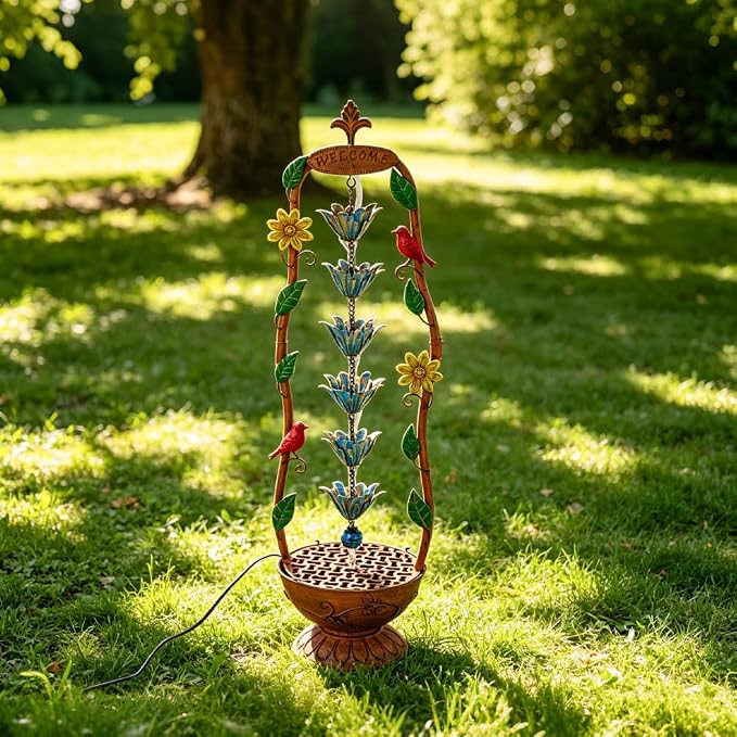 40" Vintage Metal Floor Water Fountain - Soothing Waterfall Outdoor Fountains with 6 Hanging Cups for Garden Patio Backyard Deck Decor, 1108 - Copper Birds & Flower