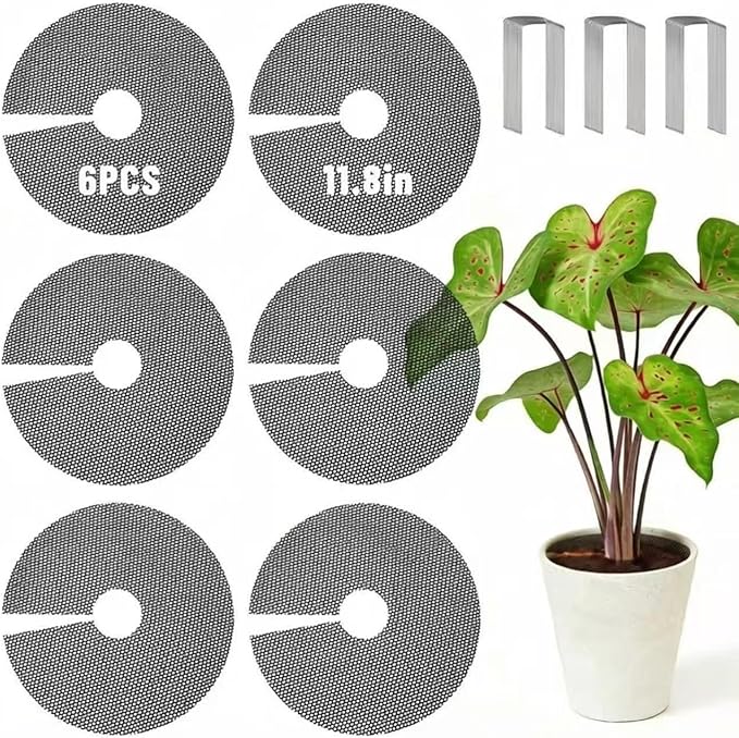6 Pack Plant Pot Grids, 11.8" Trim-to-Fit Plant Pot Soil Covers Protectors from Animals, Indoor Outdoor Plant Protection with Metal Stakes, Black