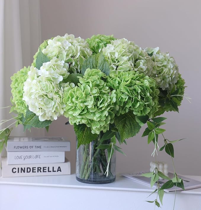 Buart 4PCS Long Stem Big Size Flowers Artificial Silk Hydrangea Lifelike Flowers Real Touch Green Artificial Flowers Wedding Shower Bride Bouquets Office Living Room Table Decorations (21 Inch)
