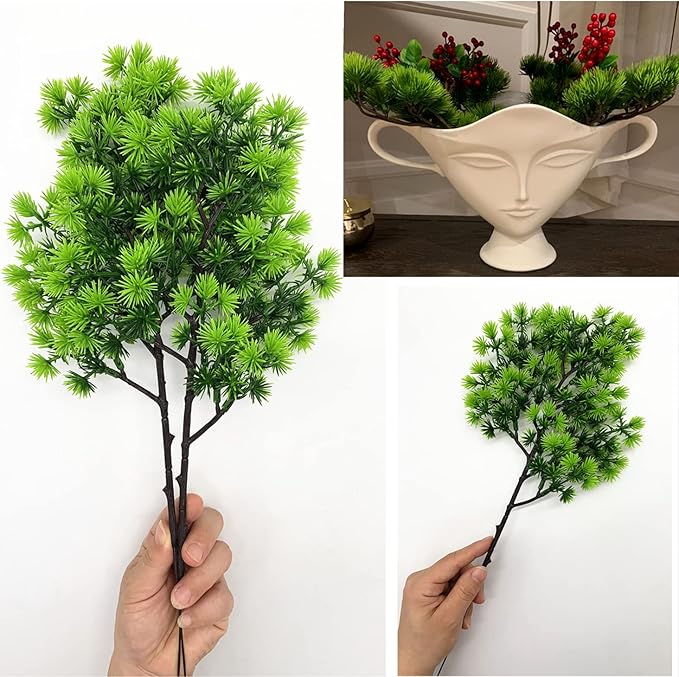 Artificial Pine Branches, Green Leaves Aquarium Plants Alga Greenery Sargassum Bush Faux Shrubs Table Centerpieces Arrangements for Christmas Wreath Garland Gift DIY Wall Front Door Decoration 4 Pacs