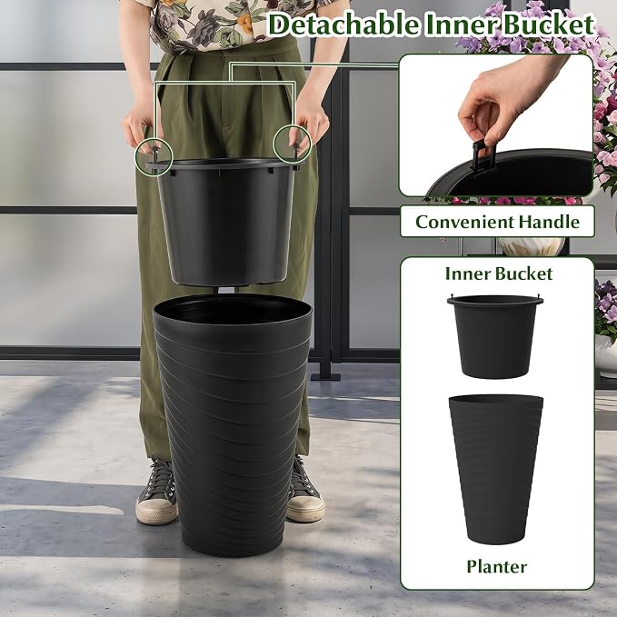 Giantex 18" Tall Flower Pot Set of 2, Modern Decorative Planter Pots w/Insert Bucket, Handle, Drainage Holes, Round Spiral Textured Flower Pots for Outdoor Indoor Garden Patio Front Porch (Black)