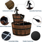 FANTASK 2 Tier Barrel Waterfall Fountain, Outdoor Barrel Water Fountain with Hand Pump Rustic Solid Wood Construction, Outside Cascading Waterfall Fountain for Garden, Backyard, Patio, Porch, Yard