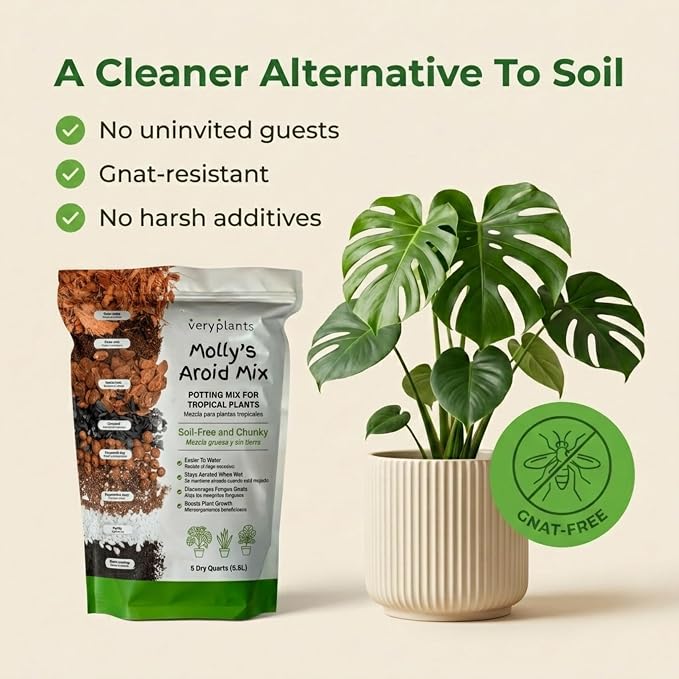 Molly's Aroid Mix - Premium Soilless Potting Mix for Houseplants - Fast Draining, Chunky & Easier to Water vs. Soil for Indoor Plants - with Bark, Coco Chips, Worm Castings, Mycorrhizae 5 Dry Quarts